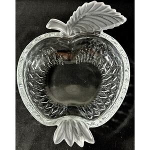 Vintage Pressed Glass Apple Shaped Dish Bowl Frosted Leaf Mid-Century